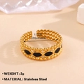 Adjustable stainless steel ring in gold finish with three-row beads and black rhombuses - Gold Three Row Black Rhombus Style