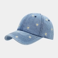 Detail of daisy flower embroidery on light blue denim fabric of a baseball cap - Adjustable / Daisy Dark Blue
