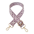 Detail view of 3.8cm purple jacquard wide bag strap with golden metal swivel hooks - Beige/White Purple Geometric