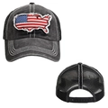 Detail van USA-kaart borduursel en ademende mesh achterkant op gewassen zwarte trucker pet - Verstelbaar / Zwart