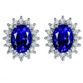 Blue oval-cut moissanite stud earrings featuring a floral halo setting in S925 silver - Blue Diamond Pair Price [with Earplugs] Tz-18