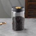 Vacuum sealed borosilicate glass jar with black lid and gold button for coffee bean storage - 40oz / Transparent Bottle / Gold