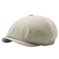 Classic plaid newsboy cap in beige with brown check pattern and leather side detail - Khaki