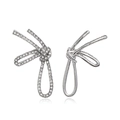 Silver bow earrings with rhinestones and asymmetric smooth metal finish design - White Bowknot Stud