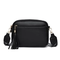 French style black PU leather crossbody bag with fringe tassels and gold hardware - Black