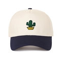 Retro colorblock baseball cap with cactus embroidery on off-white and navy blue crown - Beige/Navy Blue