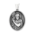Silver vintage religious oval pendant featuring a saint relief in stainless steel - Saint with Scroll Style (KP119869-MI)