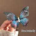 Blue and purple gradient double-layer mesh butterfly hair clip with white pearls - Blue