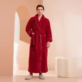 Thickened men's long rouge red coral fleece bathrobe with shawl collar and waist belt - Rouge Red (Men)