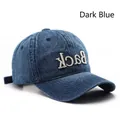 Retro dark blue washed denim baseball cap with white 3D back embroidery and curved brim - Dark Blue