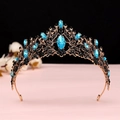 Close-up of rose gold tiara with black rhinestones and royal blue marquise crystals - Antique Gold Lake Blue Crystal Crown