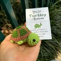 Handmade green and brown crochet turtle doll held with positive quote card - Positive Doll + Card / Brown Green