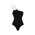 Detail of elegant one-shoulder navy blue swimsuit with white 3D floral petals appliqué - Black One-Shoulder Swimsuit
