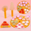 Set pizza in legno per bambini con 6 fette e guarnizioni su vassoio a quadretti rossi - Gioco del Taglio della Pizza