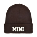 Detailed close-up of dark brown knit beanie with white MINI embroidery detail - Kids Style(MINI) / Coffee