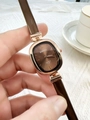 Close-up of elegant ladies oval quartz watch with brown leather strap and rose gold case - Brown