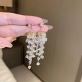 Close-up of gold plated long tassel earrings with clear crystals and delicate metal chains - 45# Hollow Hemisphere Tentacle Raindrop Tassel Style