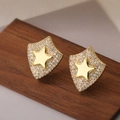 Exquisite gold-plated shield stud earrings with zircon stars on dark wood base - Star Shield Style (44995)