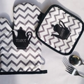 Thickened kitchen oven mitt and pot holder set with grey wave pattern and teapot print - Grey Wave/Teapot