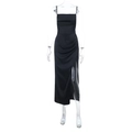 Elegant black satin slip dress with pleated waist and high side slit on display - XS / Black