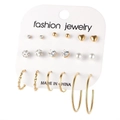 6-pair set of gold-finish fashion earrings with pearls and crystals on card display - Hoop Stud Earring Collection Style (EJ58051)