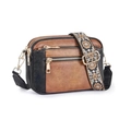 Brown and black contrast camera bag with floral jacquard strap and gold zippers - Double Zipper Black Brown