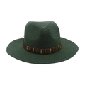 Chapeau Fedora en paille vert foncé avec large bord et ruban décoratif marron - Taille unique / Chapeau de Paille Vert Foncé (Bande en Cuir Café)