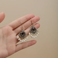 Bohemian gold-tone drop earrings featuring a black center stone and white pearl tassels - Center Black Stone Artificial Pearl Tassel Style (E6100-1)