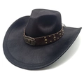 Detail of western cowboy hat with cattle head metal relief on studded leather band - Striped Black