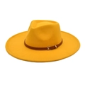 Detail of a bright yellow wide-brim fedora hat featuring a brown leather belt with gold buckle - M (56-58cm) / Yellow
