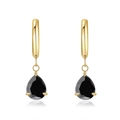 Golden titanium steel hoop earrings with elegant pear-cut black zircon drop pendants - Gold Black Zircon