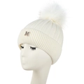Bonnet en tricot blanc pour femme avec pompon en fourrure et détail en strass lettre M - L(58-60cm) / Blanc