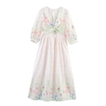 French style white floral dress with V-neck twist knot front and hollow out waist detail - XS / Milky White