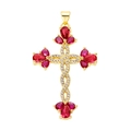 Gold cross pendant featuring red pear-shaped stones and shimmering cubic zirconia - Pendant 104 (Gold Red Stone Woven Cross)