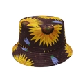 Nahaufnahme der Sonnenblumen-Prints und Nähte auf dem dunkelbraunen Fischerhut - Dunkelbraune Sonnenblume (U)