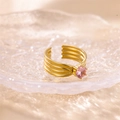 Luxurious gold-tone multi-layer wide open ring featuring a sparkling pink round zircon - Pink Style (R00911G-P)
