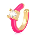 Detail of neon pink enamel earring with round cubic zirconia in a 18k gold setting - Rose Red