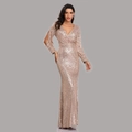 Rose gold sequined evening gown with deep V-neck and split long sleeves in a mermaid style - US size 14 / Rose Gold