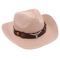 Close-up of pink woven cowboy hat featuring a leather band with bull head metal emblem - One Size / Light Pink