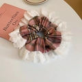 Pink plaid scrunchie with layered lace edges and chiffon petals on a white table - Pink Brown Lace Plaid (26#)