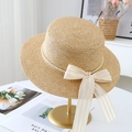 Elegant flat top straw hat with pearl ribbon and striped lace bow for beach vacation - M (56-58cm) / JS80461-9 Khaki