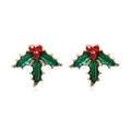 Elegant Christmas holly leaf stud earrings with red crystal berries in gold plating - Leaf