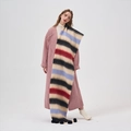 Colorful striped scarf with black fur balls on beige, red and blue patterns - 37*210cm / Black Beige Striped Pom Pom