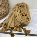 Beige voile scarf with handmade tassels and wood beads for women's outdoor sun protection - Light Beige
