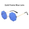 Unieke gouden zonnebril met blauwe zeshoekige glazen en spinnenwebpatroon textuur - Gouden Frame Blauwe Lenzen
