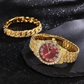 Luxury gold watch set with red Roman numeral dial and matching iced out Cuban bracelet - Gold Red With Bracelet