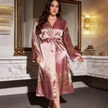 Women's rose pink silk satin floral bathrobe with long sleeves and waist belt - 3XL / Pink Cherry