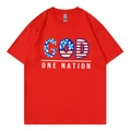 Red cotton T-shirt featuring GOD ONE NATION letter print and American flag design - Red