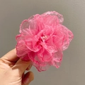 Pink gauze rose hair claw clip with white beads for elegant updo hairstyles - 405 Mesh Flower Clip - Rose Red