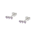 Macro shot of S925 silver stud earrings featuring three inlaid purple zircons in a row - Purple Silver